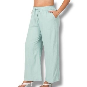 NWOT Zenana Size Large Dusty Green Linen Blend Wide Leg Pants Never Worn